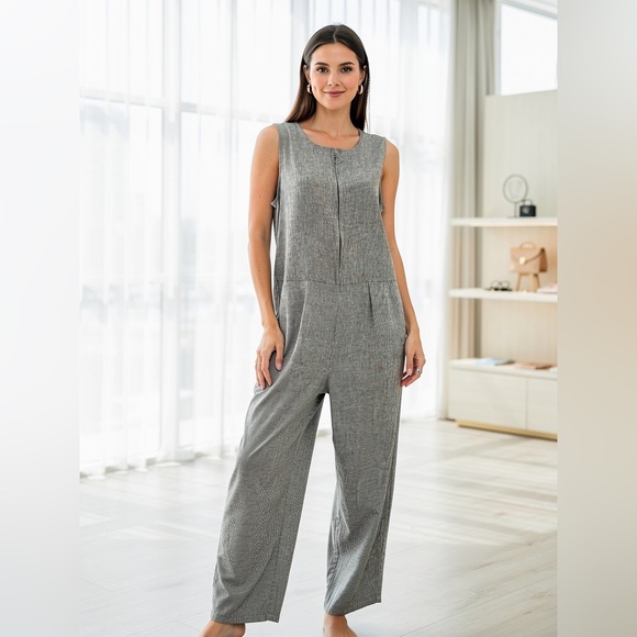 Eileen Fisher Pants - Eileen Fisher Sleeveless Linen Blend Jumpsuit Gray Wide Leg Sustainable Size M